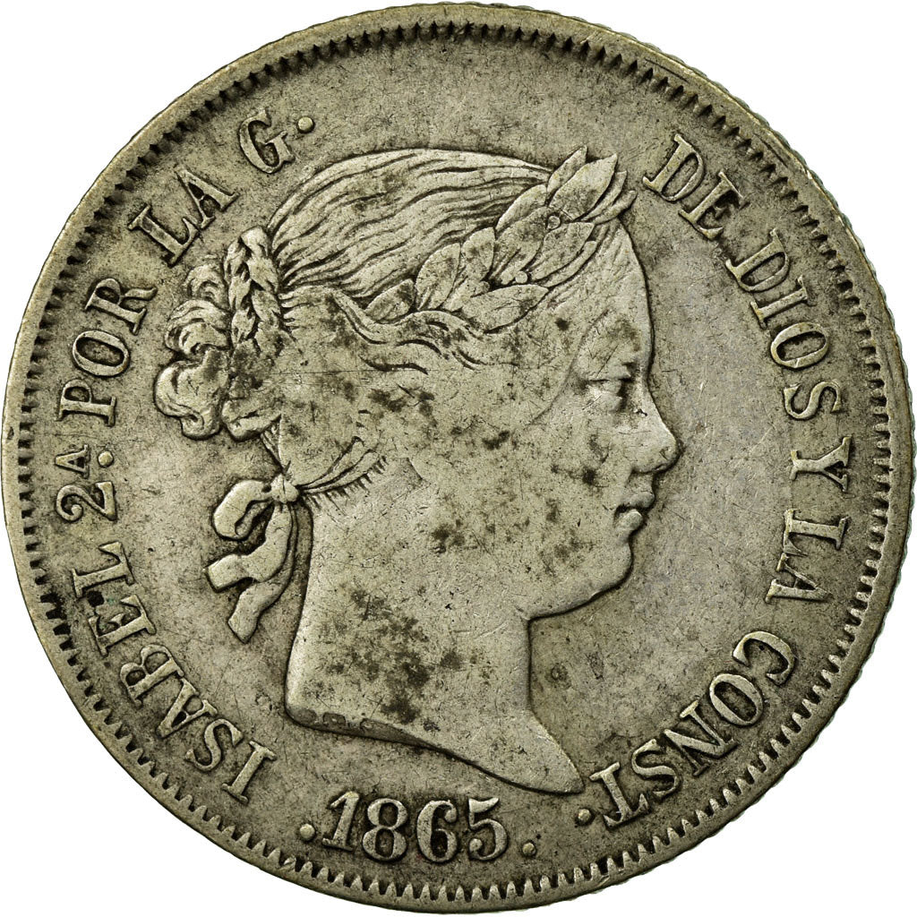 Coin, Spain, Isabel II, 40 Centimos, 1865, Madrid, VF(30-35), Silver, KM:628.2