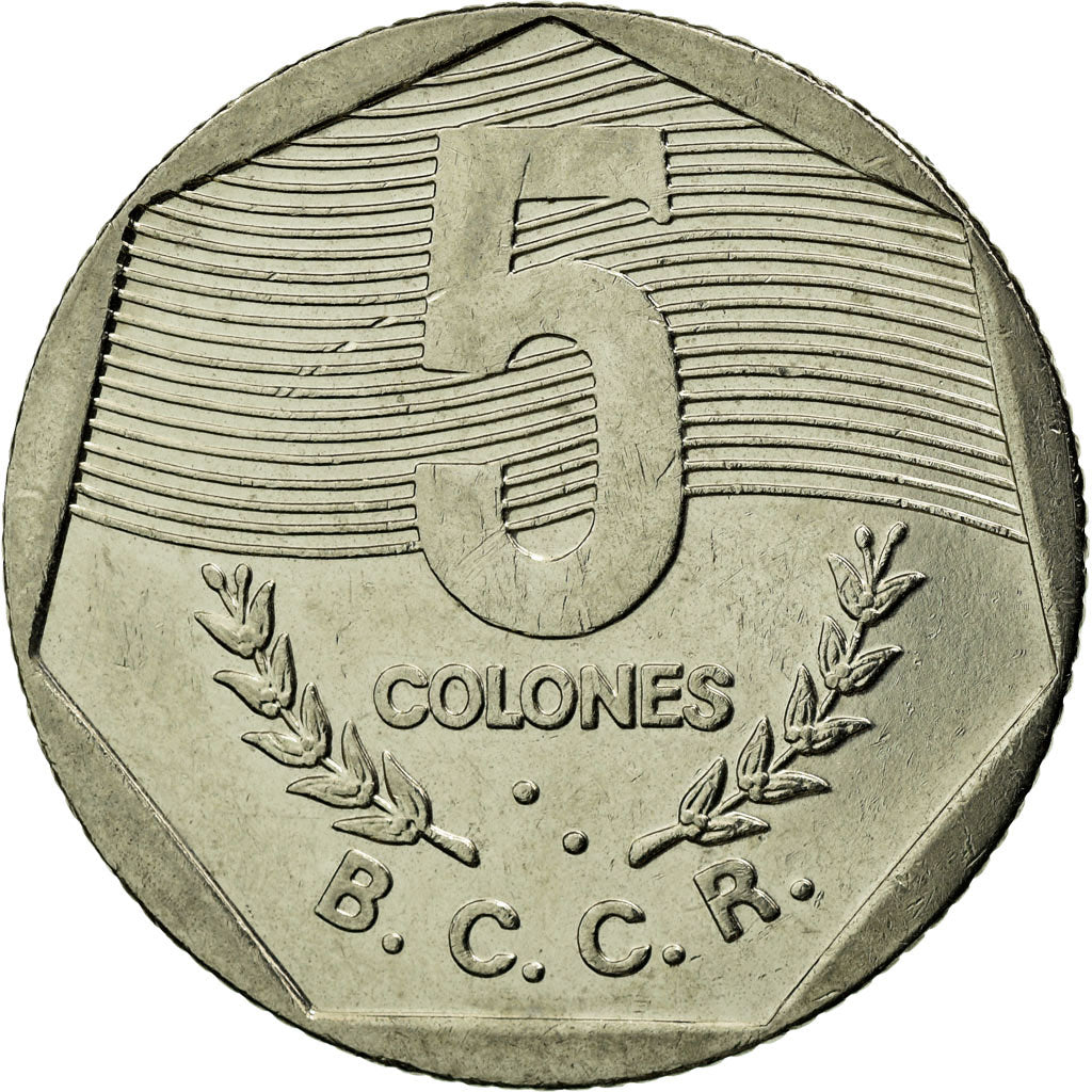 Moneta, Costa Rica, 5 Colones, 1993, BB, Acciaio inossidabile placcato nichel