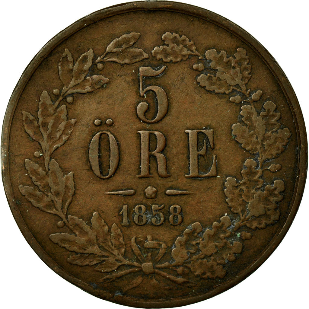 Coin, Sweden, Oscar I, 5 Öre, 1858, VF(30-35), Bronze, KM:690