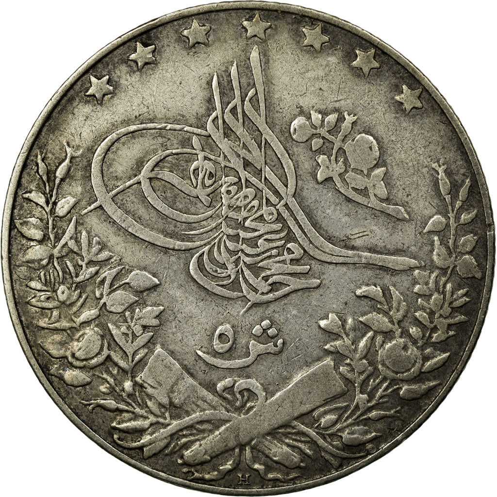 Coin, Egypt, Muhammad V, 5 Qirsh, 1911, Misr, EF(40-45), Silver, KM:308