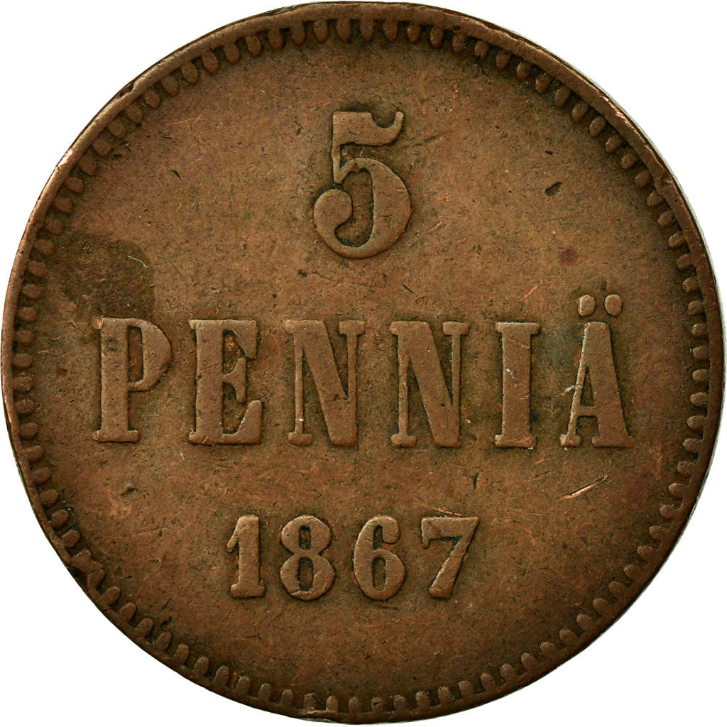 Monnaie, Finlande, Alexander II, 5 Pennia, 1867, TTB, Cuivre, KM:4.1