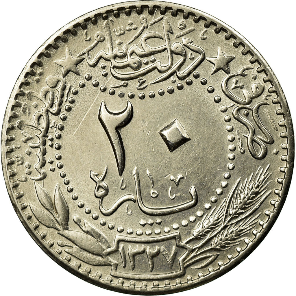 Coin, Turkey, Muhammad V, 20 Para, 1911, Qustantiniyah, EF(40-45), Nickel