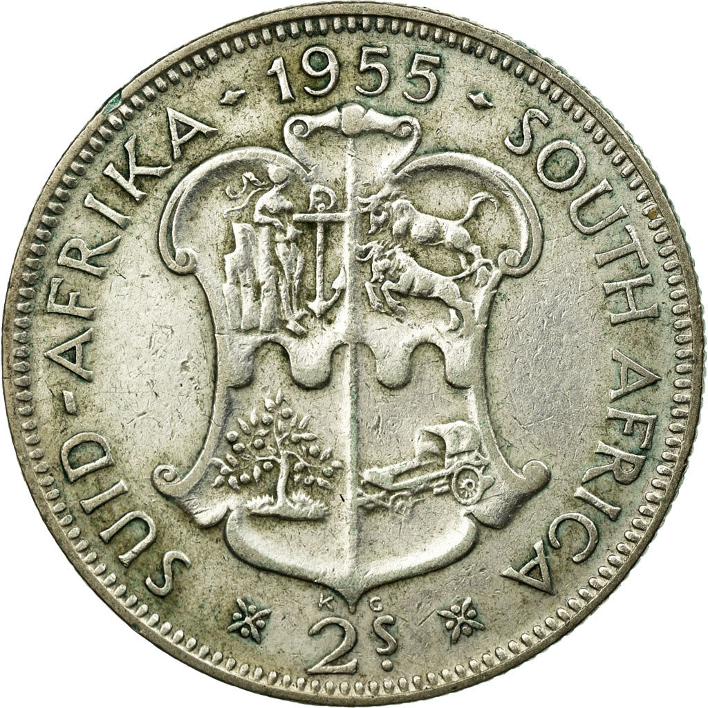 Coin, South Africa, Elizabeth II, 2 Shillings, 1955, VF(30-35), Silver, KM:50