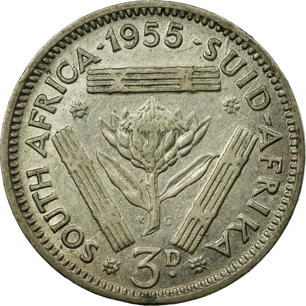 Coin, South Africa, Elizabeth II, 3 Pence, 1955, VF(30-35), Silver, KM:47