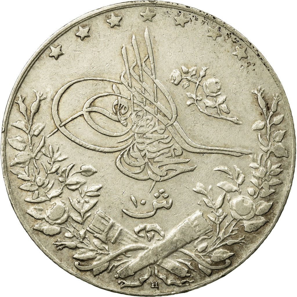 Coin, Egypt, Muhammad V, 10 Qirsh, 1913/AH1327, EF(40-45), Silver, KM:309