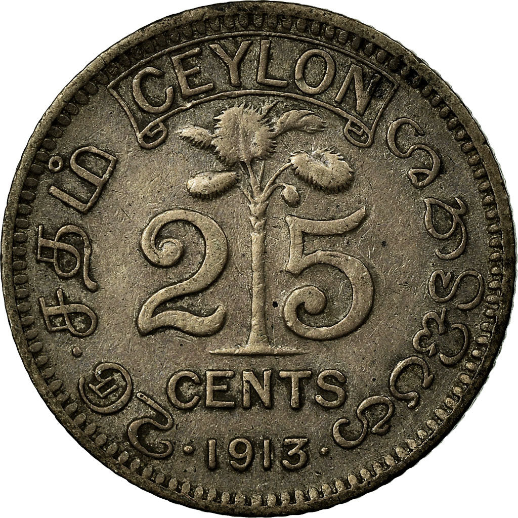 Coin, Ceylon, George V, 25 Cents, 1913, VF(30-35), Silver, KM:105