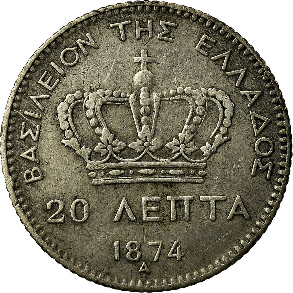 Coin, Greece, George I, 20 Lepta, 1874, Paris, EF(40-45), Silver, KM:44