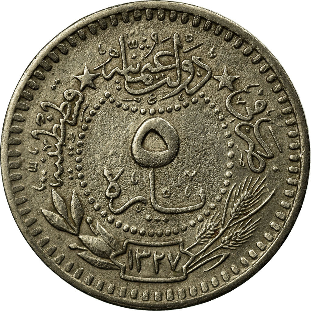 Coin, Turkey, Muhammad V, 5 Para, 1910/AH1327, Qustantiniyah, EF(40-45), Nickel