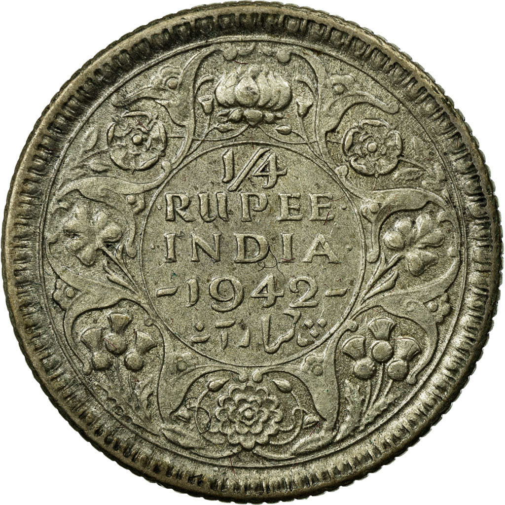 Coin, INDIA-BRITISH, George VI, 1/4 Rupee, 1942, EF(40-45), Silver, KM:546