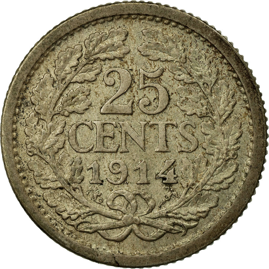 Coin, Netherlands, Wilhelmina I, 25 Cents, 1914, VF(20-25), Silver, KM:146