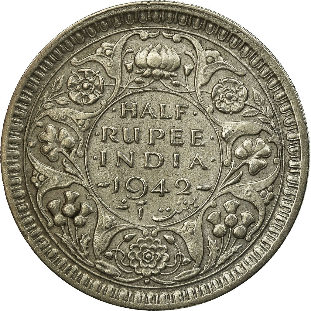 Coin, INDIA-BRITISH, George VI, 1/2 Rupee, 1942, EF(40-45), Silver, KM:552