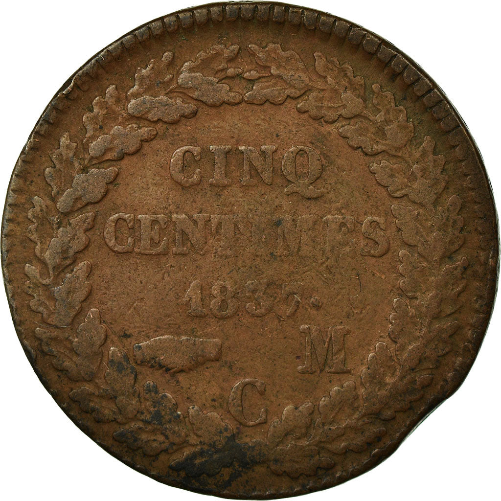 Moneta, Monaco, Honore V, 5 Centimes, Cinq, 1837, Monaco, MB, Rame, KM:95.2a