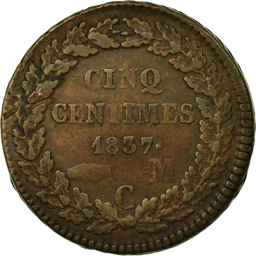 Münze, Monaco, Honore V, 5 Centimes, Cinq, 1837, Monaco, S+, Kupfer, KM:95.2a
