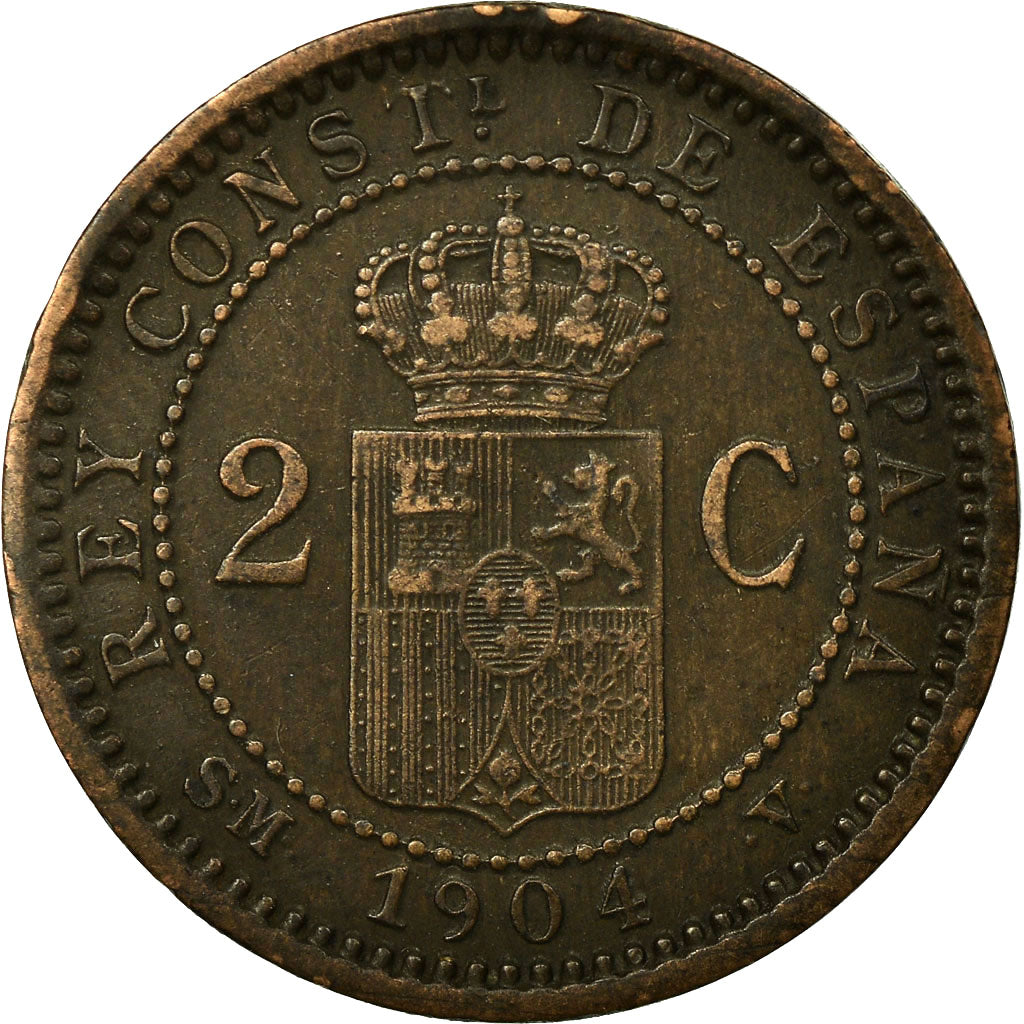 Coin, Spain, Alfonso XIII, 2 Centimos, 1904, Madrid, VF(30-35), Copper, KM:722