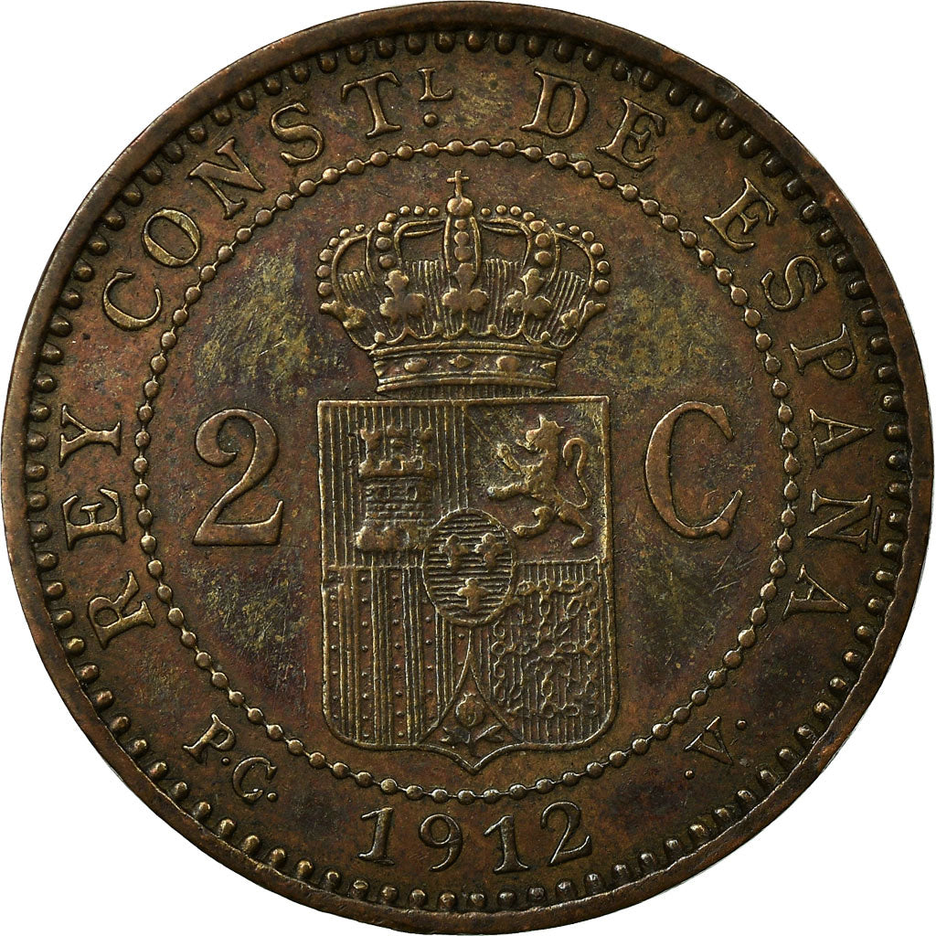 Moneda, España, Alfonso XIII, 2 Centimos, 1912, Madrid, BC+, Cobre, KM:732