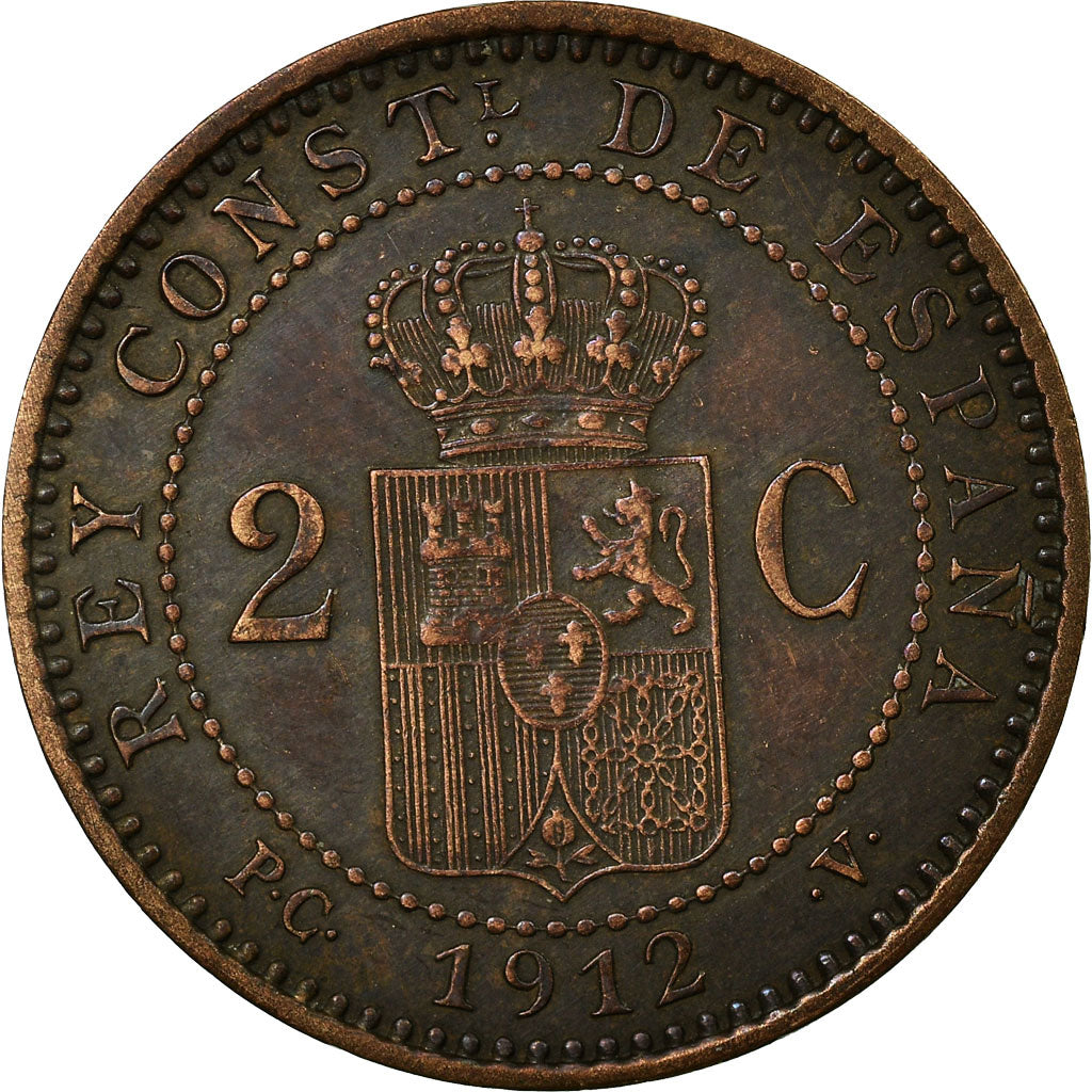 Coin, Spain, Alfonso XIII, 2 Centimos, 1912, Madrid, EF(40-45), Copper, KM:732
