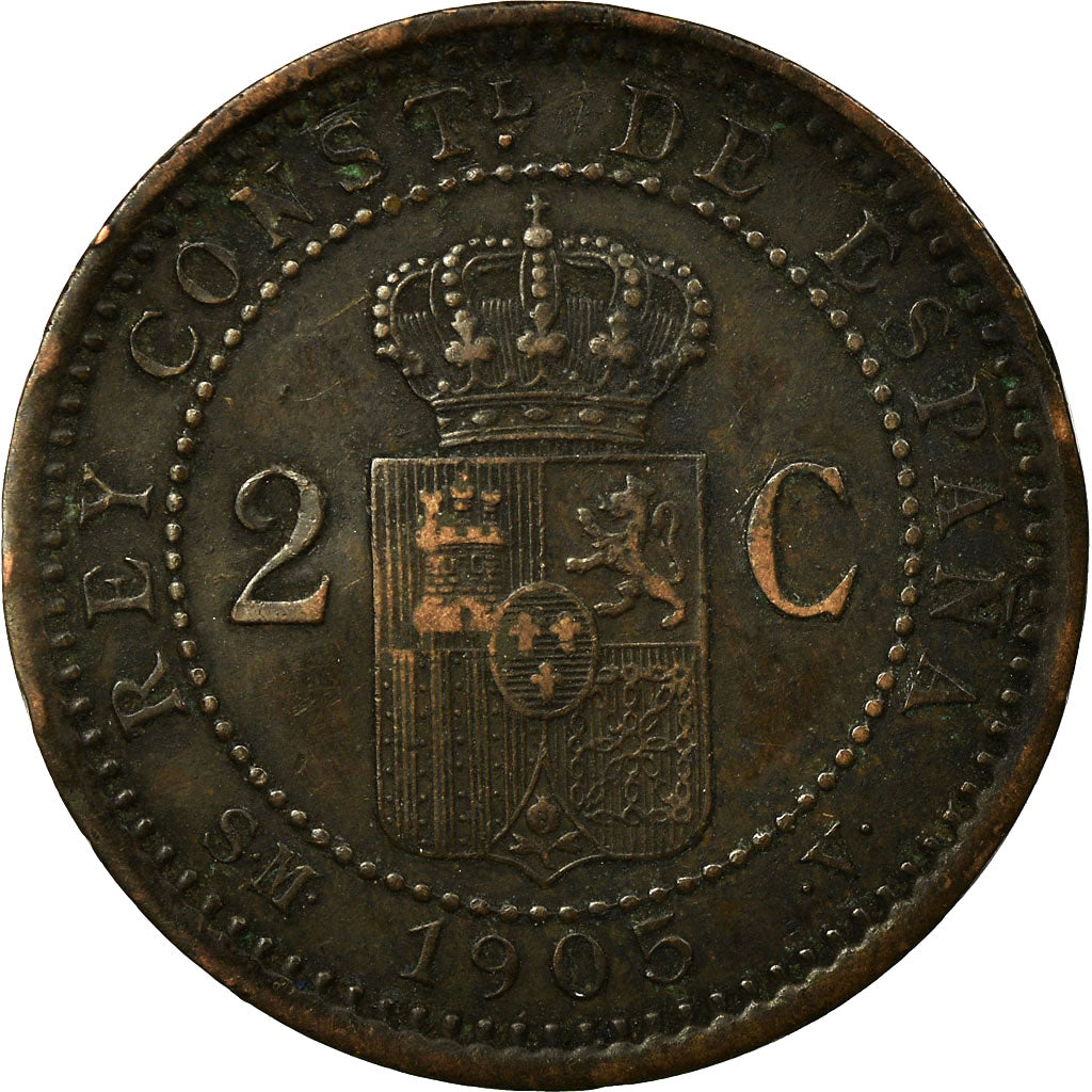 Coin, Spain, Alfonso XIII, 2 Centimos, 1905, Madrid, VF(30-35), Copper, KM:722