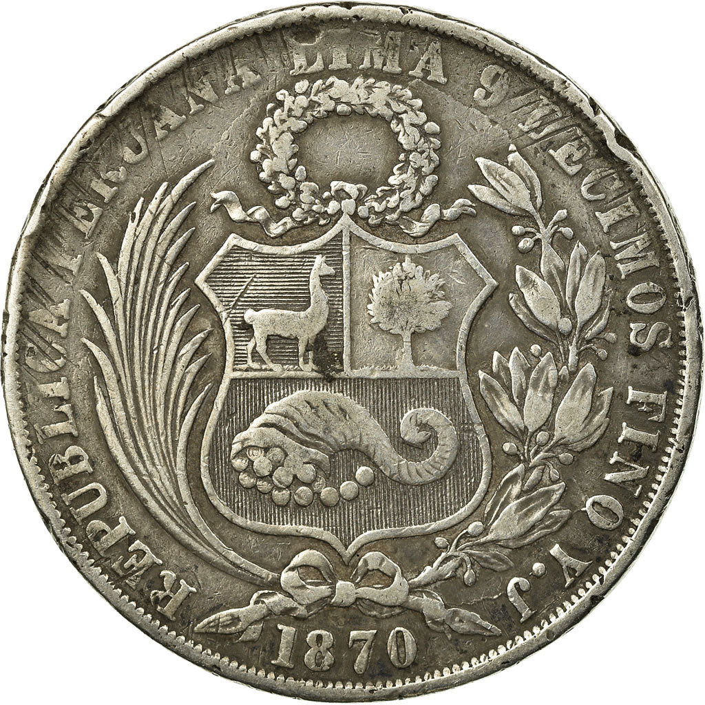 Coin, Peru, SOUTH PERU, Sol, 1870, Lima, EF(40-45), Silver, KM:196.3
