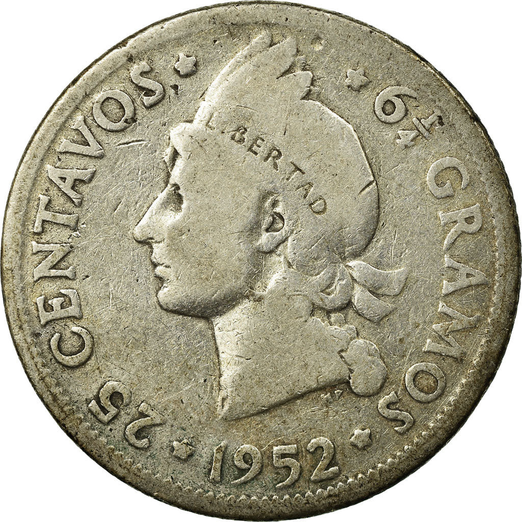 Moneda, República Dominicana, 25 Centavos, 1952, BC, Plata, KM:20