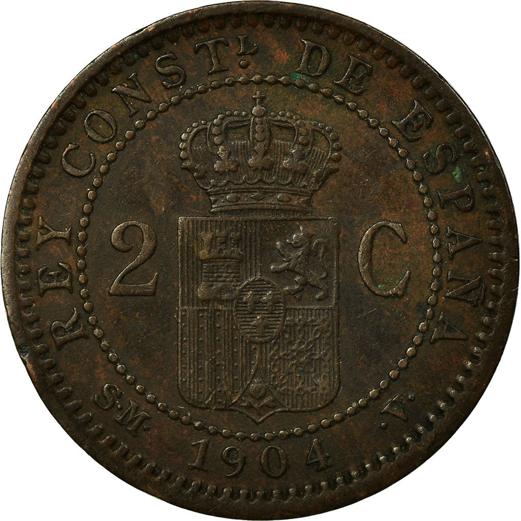 Coin, Spain, Alfonso XIII, 2 Centimos, 1904, Madrid, VF(30-35), Copper, KM:722