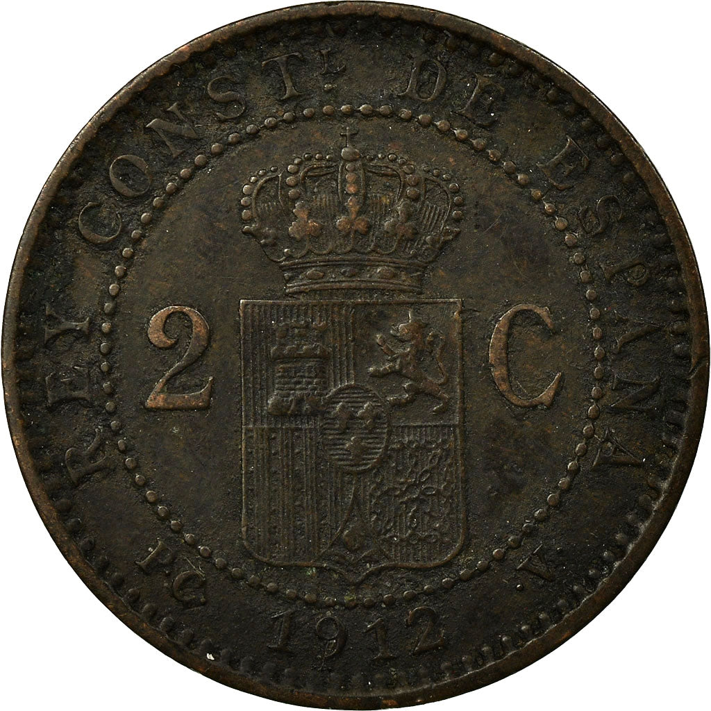 Coin, Spain, Alfonso XIII, 2 Centimos, 1912, Madrid, EF(40-45), Copper, KM:732