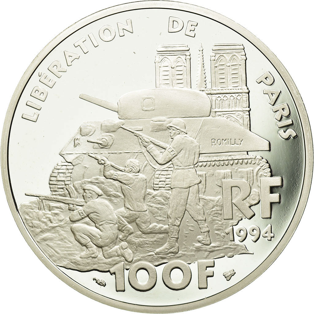 Moeda, França, Libération de Paris, 100 Francs, 1994, MS(65-70), Prata