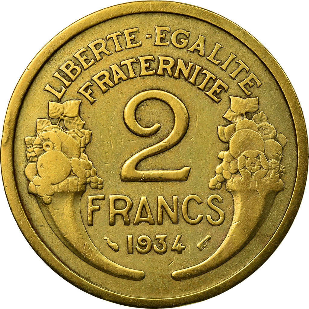 Moeda, França, Morlon, 2 Francs, 1934, Paris, VF(20-25), Alumínio-Bronze