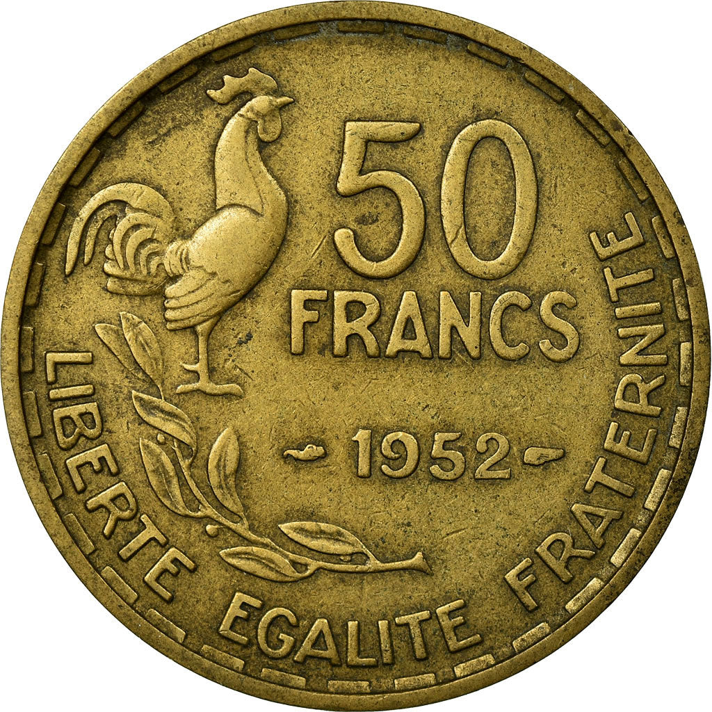 Moeda, França, Guiraud, 50 Francs, 1952, Paris, VF(30-35), Alumínio-Bronze