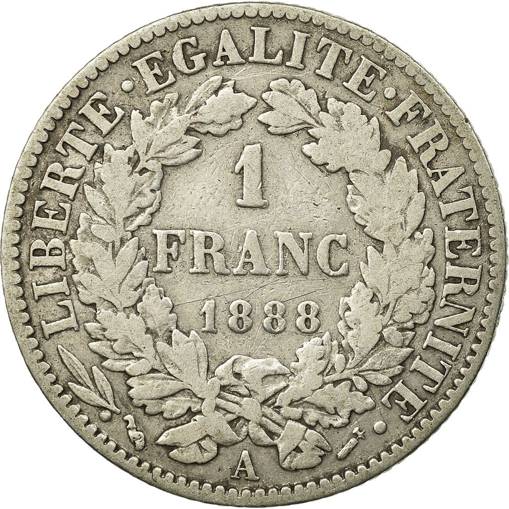 Monnaie, France, Cérès, Franc, 1888, Paris, TB, Argent, Gadoury:465a, KM:822.1