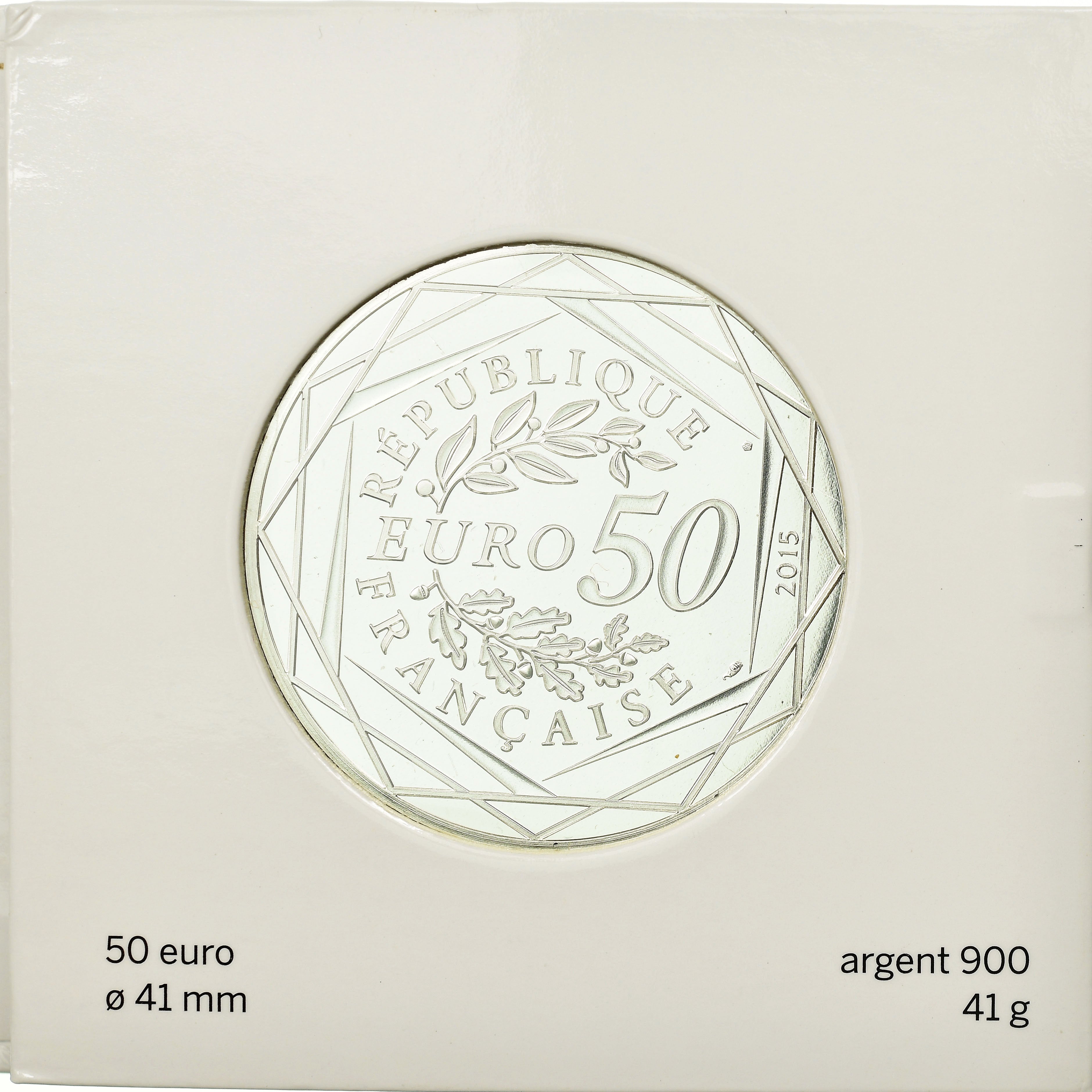 France, 50 Euro, Astérix, Paix, 2015, MS(65-70), Silver