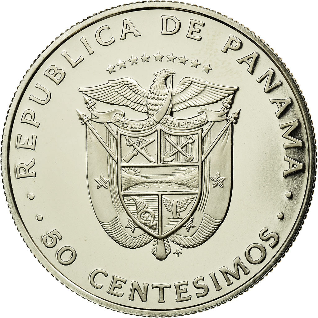 Coin, Panama, 50 Centesimos, 1975, U.S. Mint, MS(65-70), Copper-Nickel Clad