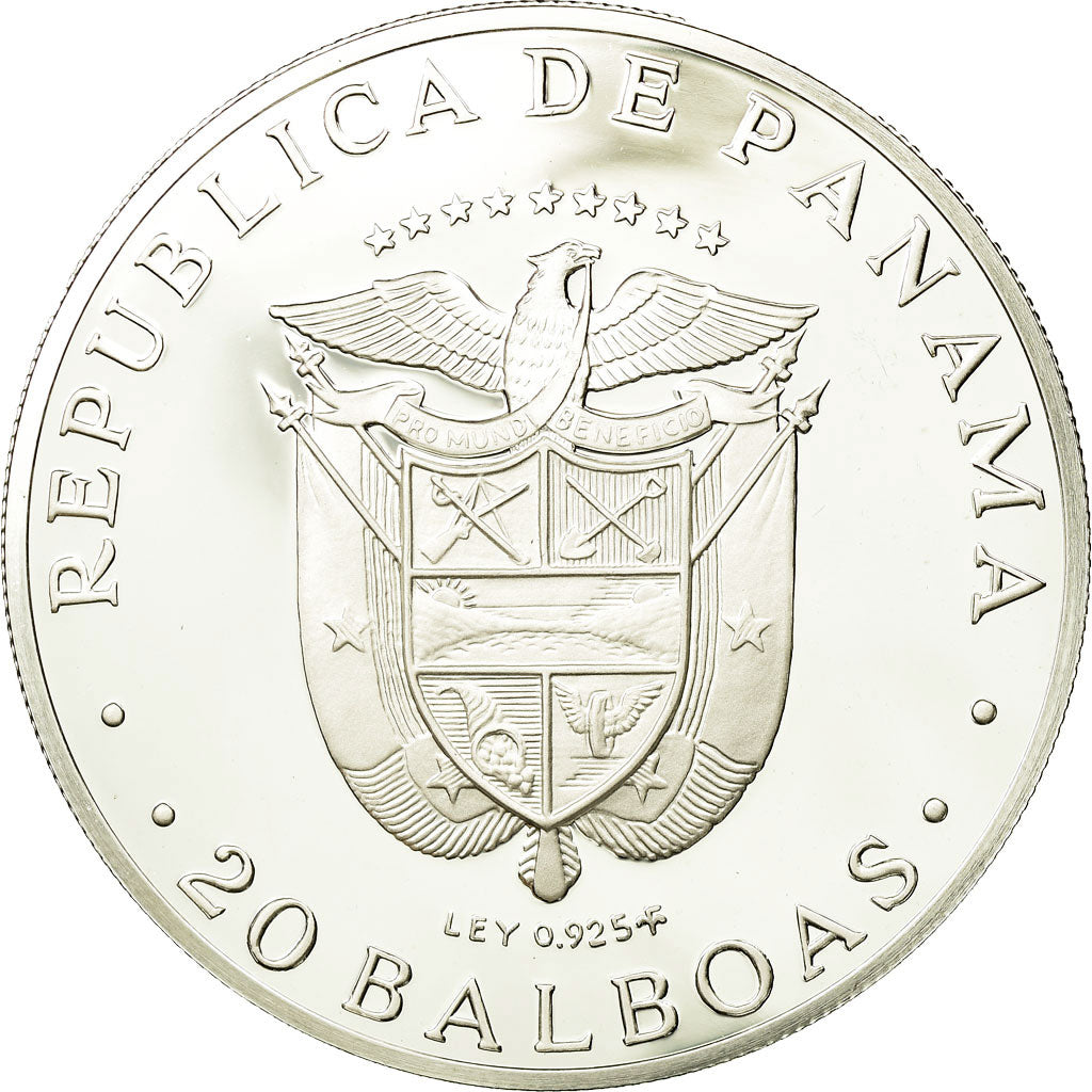 Coin, Panama, 20 Balboas, 1975, U.S. Mint, MS(60-62), Silver, KM:31