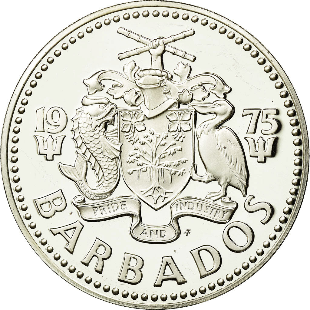 Coin, Barbados, 10 Dollars, 1975, Franklin Mint, MS(60-62), Silver, KM:17a