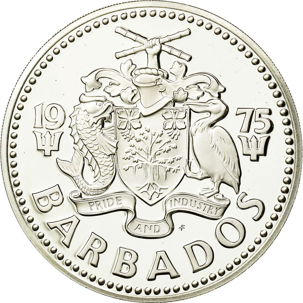 Coin, Barbados, 10 Dollars, 1975, Franklin Mint, MS(65-70), Silver, KM:17a