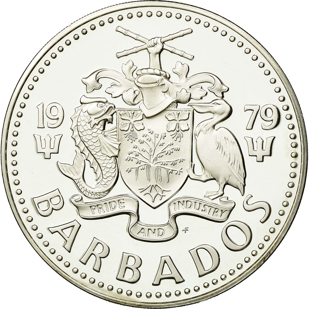 Coin, Barbados, 10 Dollars, 1979, Franklin Mint, MS(65-70), Silver, KM:17a