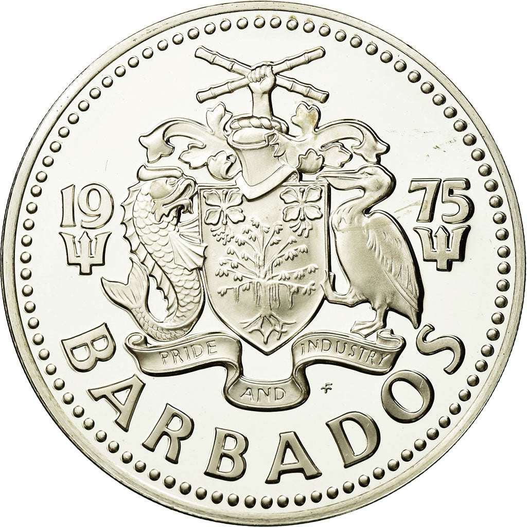 Coin, Barbados, 5 Dollars, 1975, Franklin Mint, MS(65-70), Silver, KM:16a
