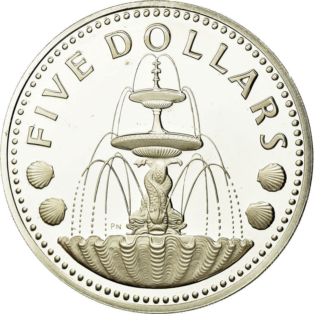 Coin, Barbados, 5 Dollars, 1975, Franklin Mint, MS(65-70), Silver, KM:16a