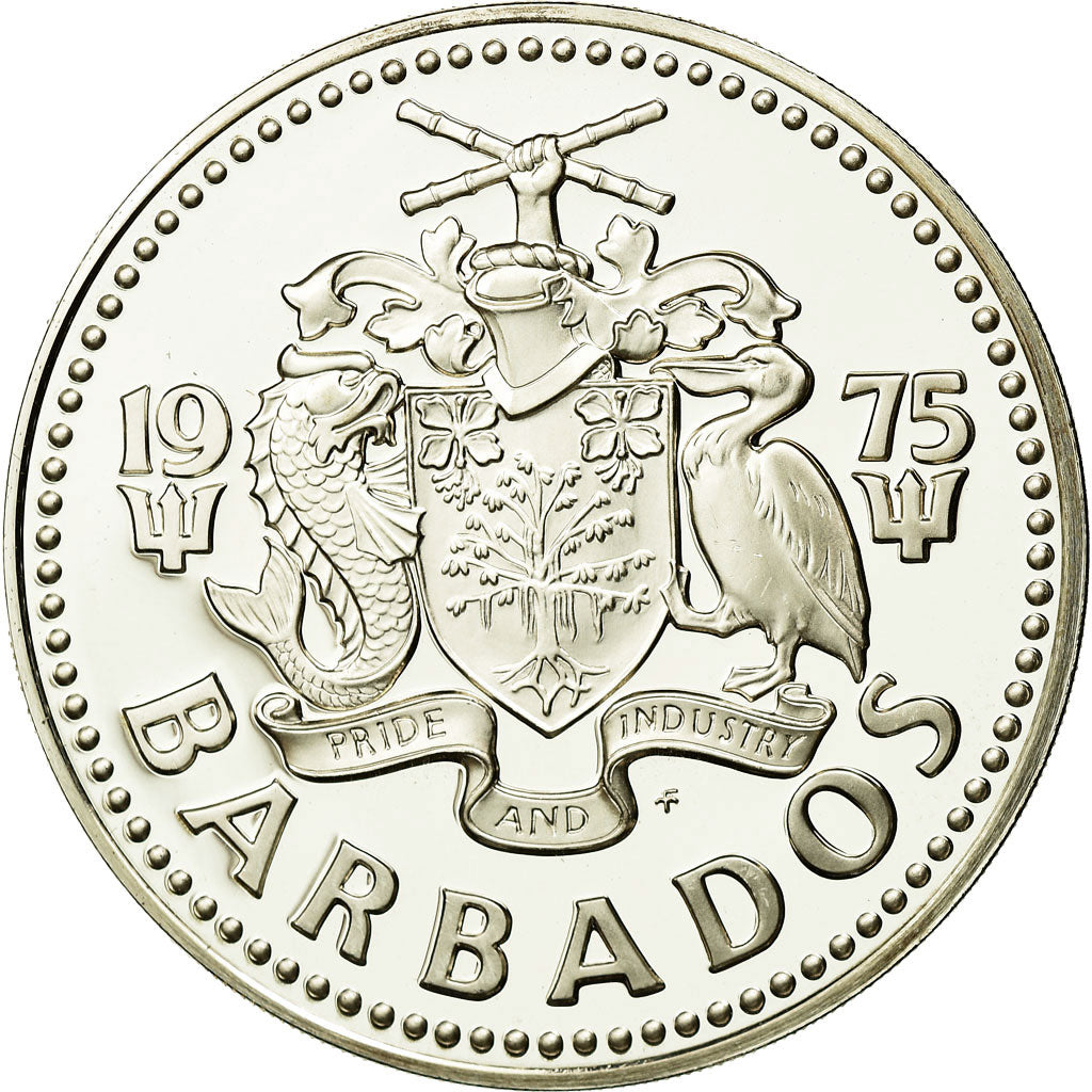 Coin, Barbados, 5 Dollars, 1975, Franklin Mint, MS(65-70), Silver, KM:16a