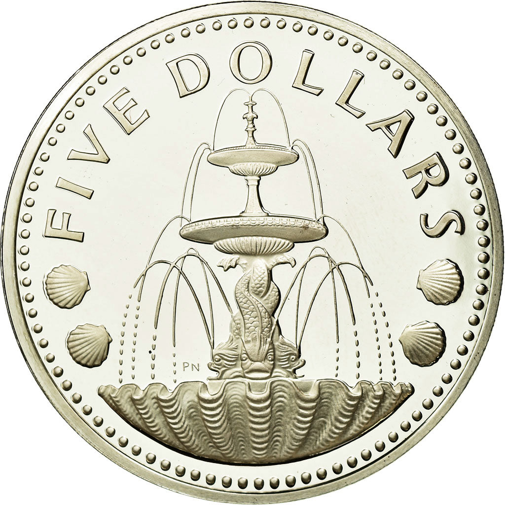 Coin, Barbados, 5 Dollars, 1975, Franklin Mint, MS(65-70), Silver, KM:16a