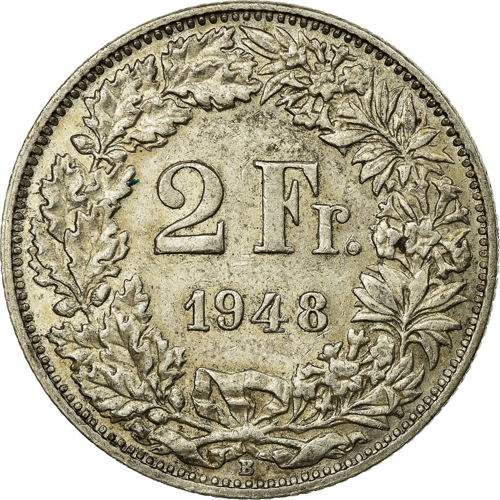 Coin, Switzerland, 2 Francs, 1948, Bern, AU(50-53), Silver, KM:21