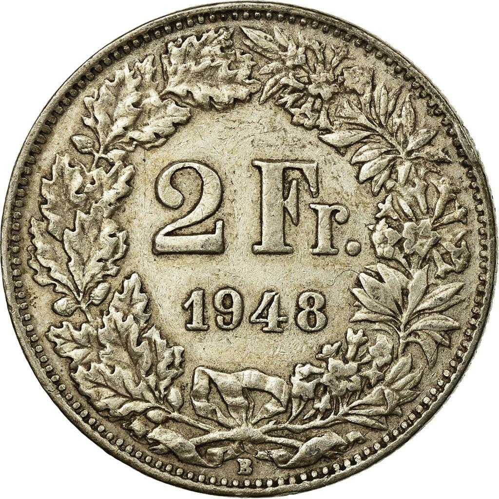 Coin, Switzerland, 2 Francs, 1948, Bern, EF(40-45), Silver, KM:21