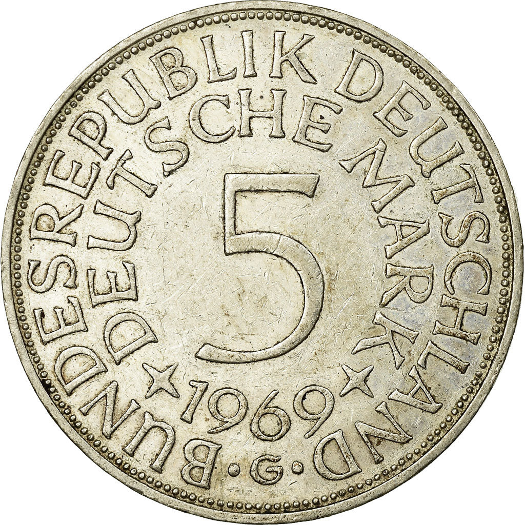 Coin, GERMANY - FEDERAL REPUBLIC, 5 Mark, 1969, Karlsruhe, EF(40-45), Silver