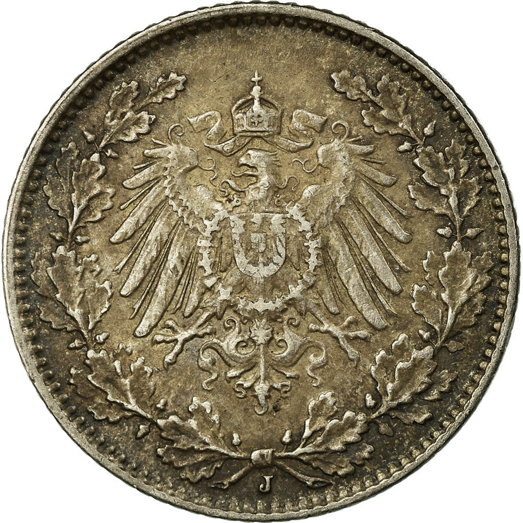 Coin, GERMANY - EMPIRE, 1/2 Mark, 1914, Hambourg, EF(40-45), Silver, KM:17