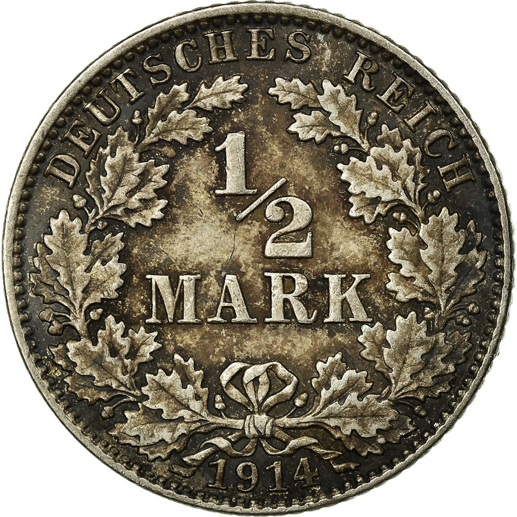 Coin, GERMANY - EMPIRE, 1/2 Mark, 1914, Hambourg, EF(40-45), Silver, KM:17