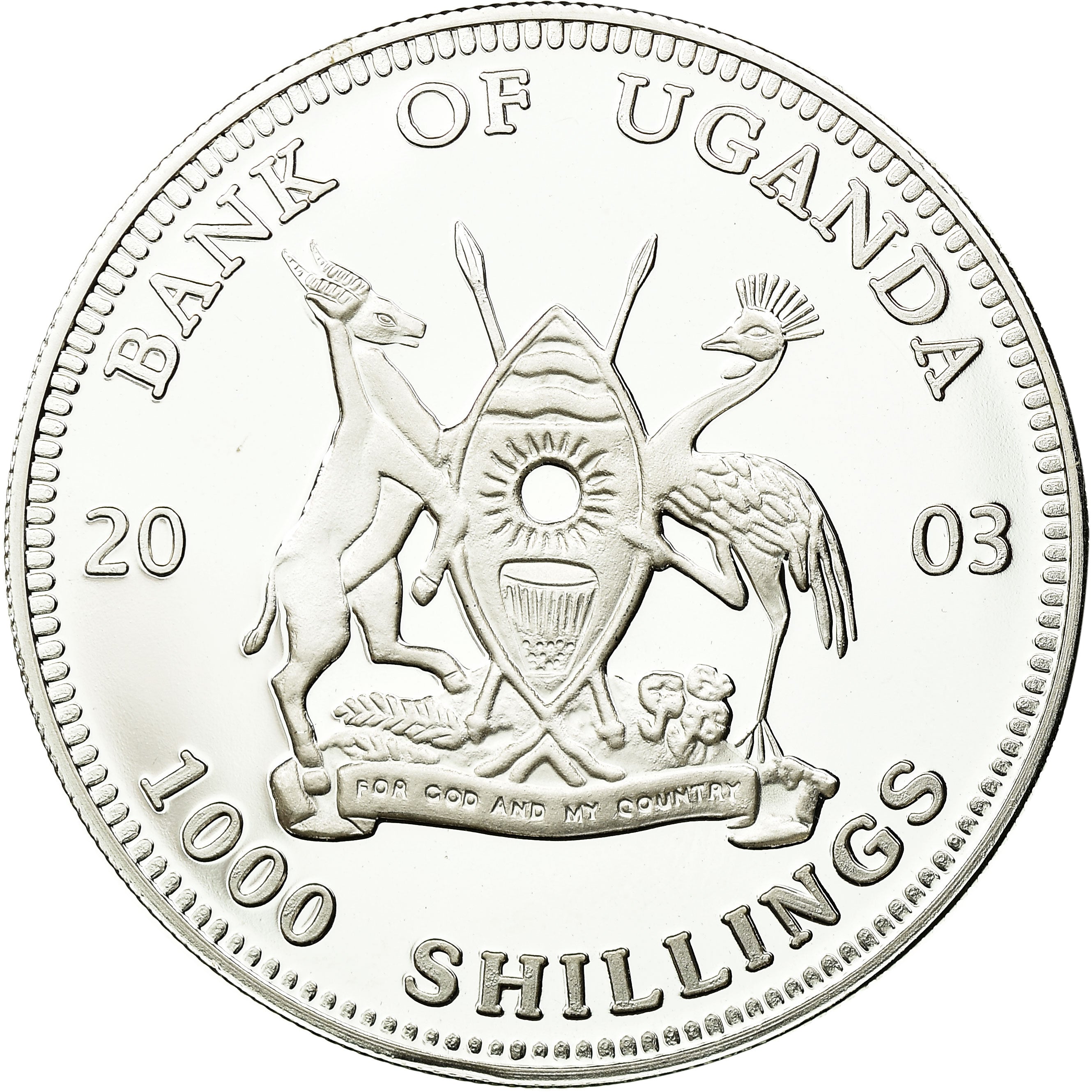 Coin, Uganda, 1000 Shillings, 2003, MS(65-70), Silver Plated Bronze, KM:103