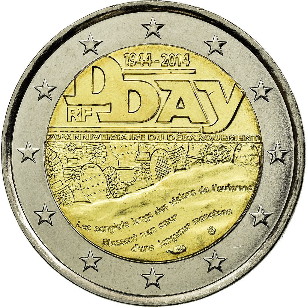 França, 2 Euro, D-Day, 2014, MS(63), Bimetálico