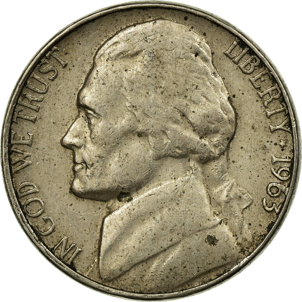 Coin, United States, Jefferson Nickel, 5 Cents, 1963, U.S. Mint, Denver