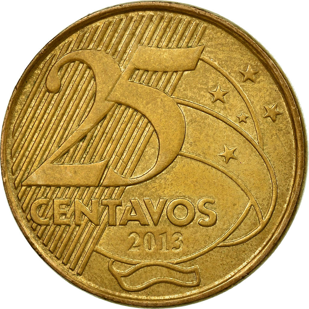 Moneda, Brasil, 25 Centavos, 2013, MBC, Bronce chapado en acero, KM:650