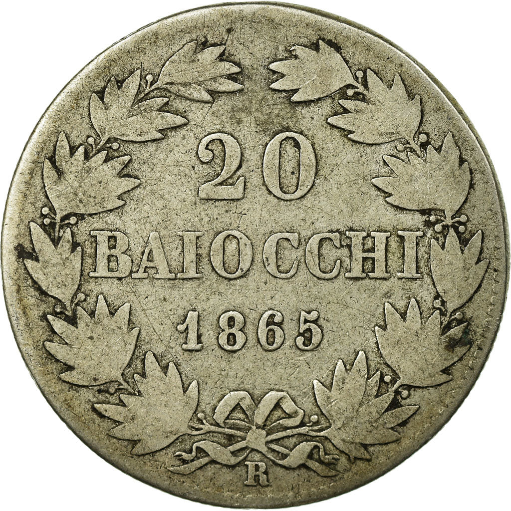 Moeda, ESTADOS ITALIANOS, PAPAL STATES, Pius IX, 20 Baiocchi, 1865, Rome