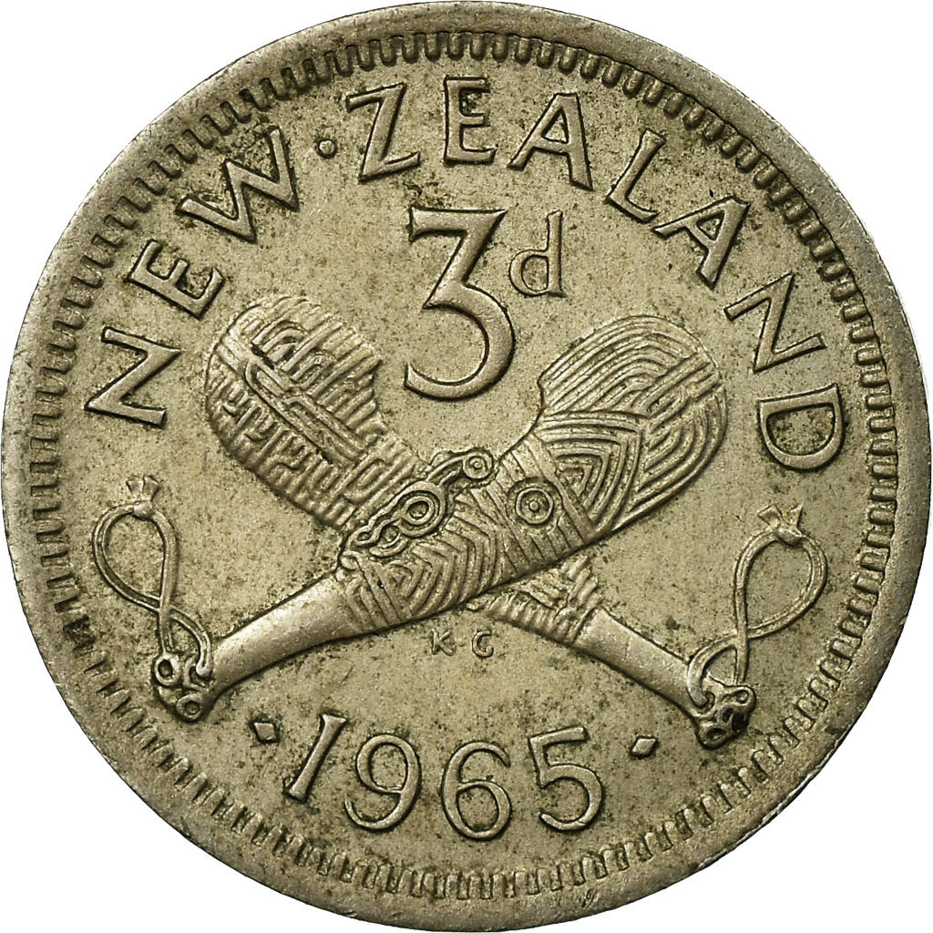 Moeda, Nova Zelândia, Elizabeth II, 3 Pence, 1965, VF(30-35), Cobre-níquel